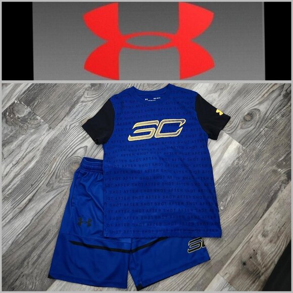 Under Armour Stephen Curry Matching Top & Shorts Blue & Gold Boys size 8-9 - Picture 1 of 8